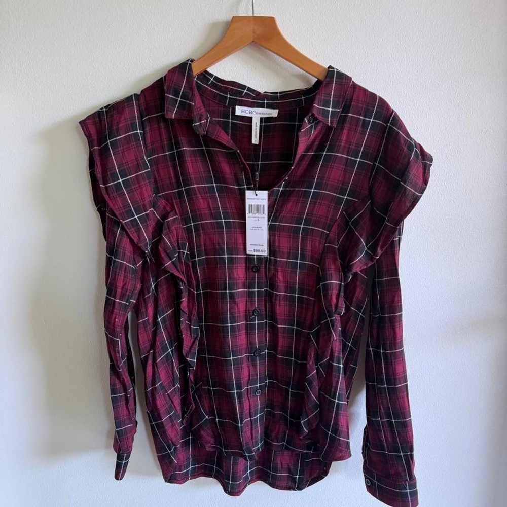 BCBG red and black plaid holiday blouse